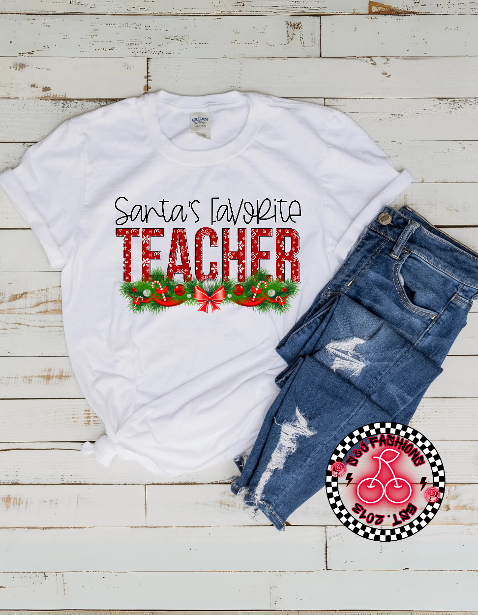 Santa's Favorite Teacher Christmas Ladies Shirt
