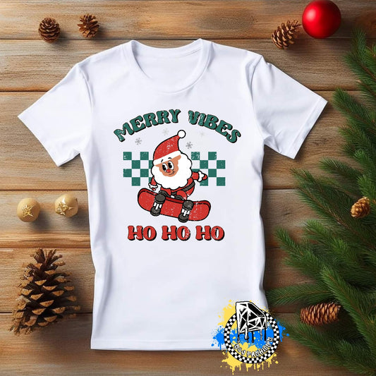 Merry Vibes Skateboard Santa Christmas Boys Shirt Girls Shirt Ladies Shirt Mens Shirt