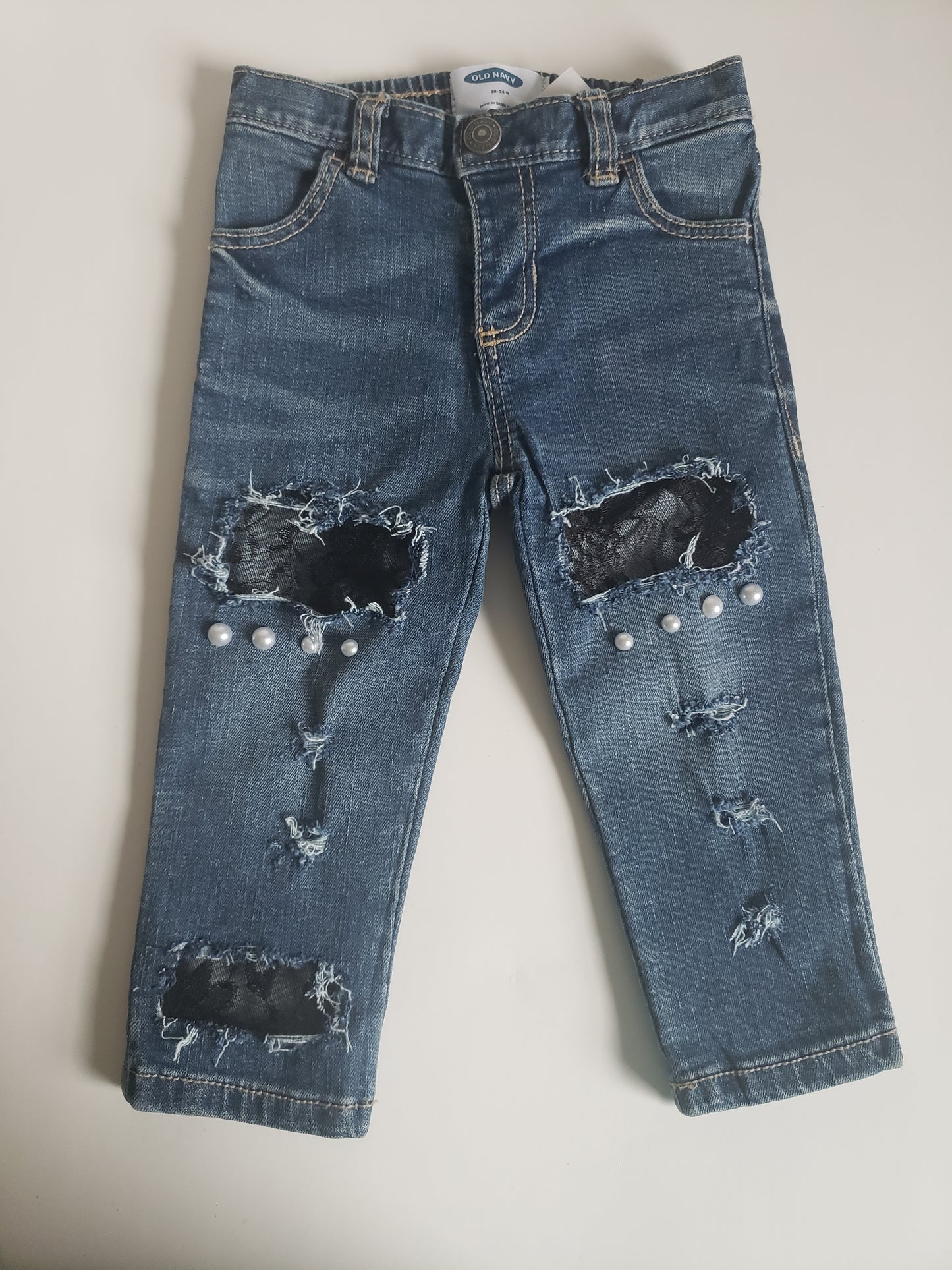 Black Lace and Pearls Girls Distressed Jeans