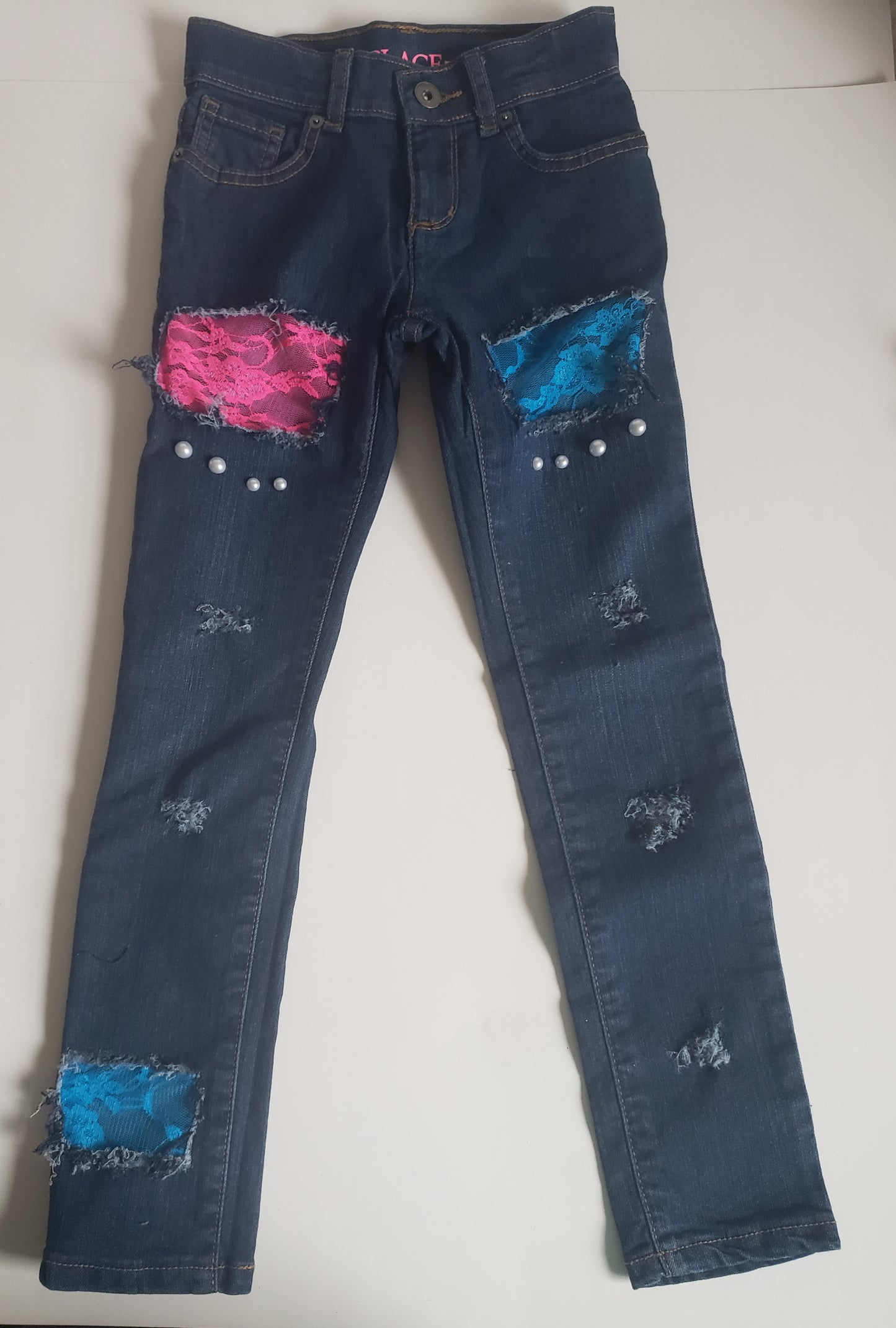 Girls Distressed Jeans Pink and Blue Lace Pearls