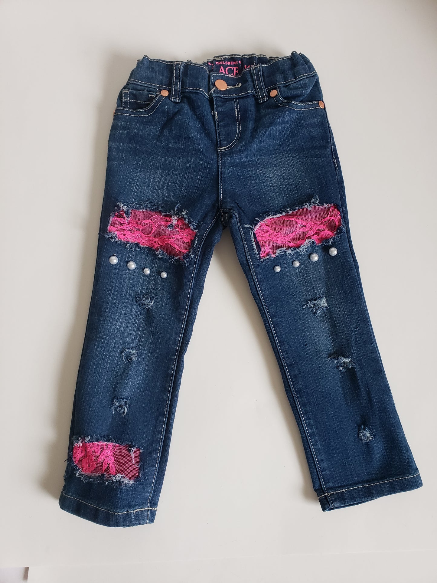Girls Distressed Jeans Hot Pink Lace Pearls