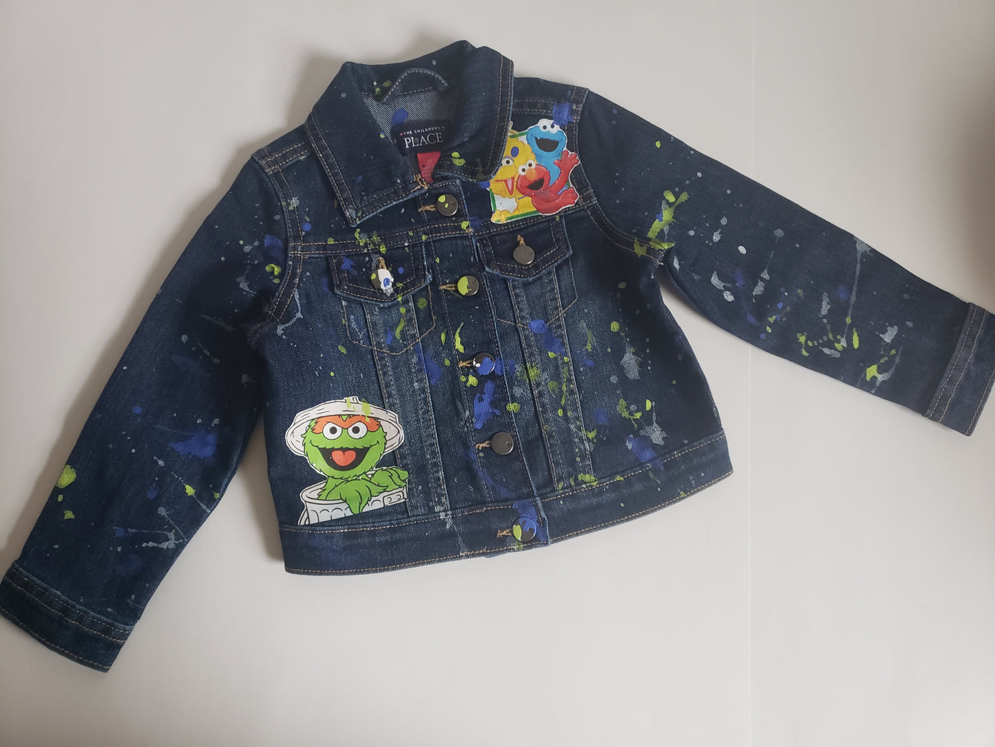Sesame Street Denim Jacket Girls Boys Paint Splatter