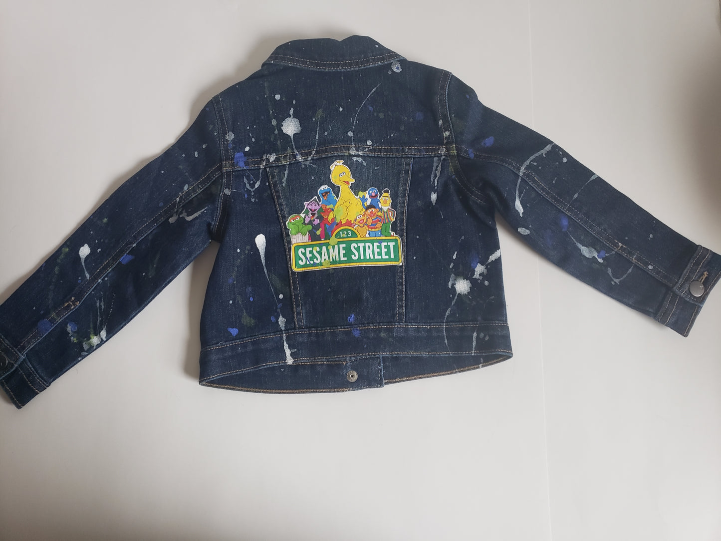 Sesame Street Denim Jacket Girls Boys Paint Splatter