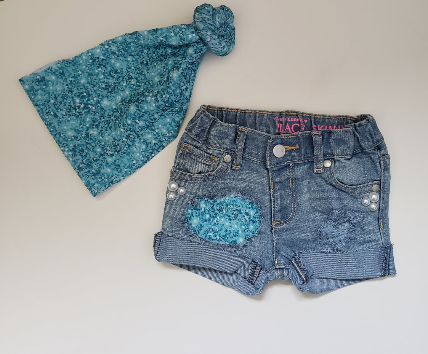 Glitter Blue Girls Distressed Jeans Shorts