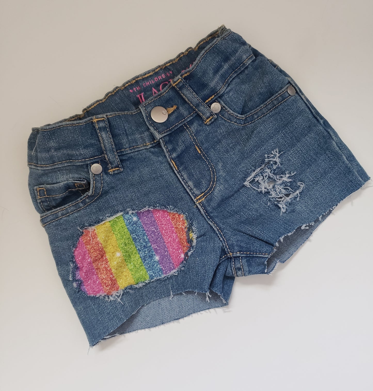 Rainbow Glitter Stripe Girls Distressed Jeans Shorts