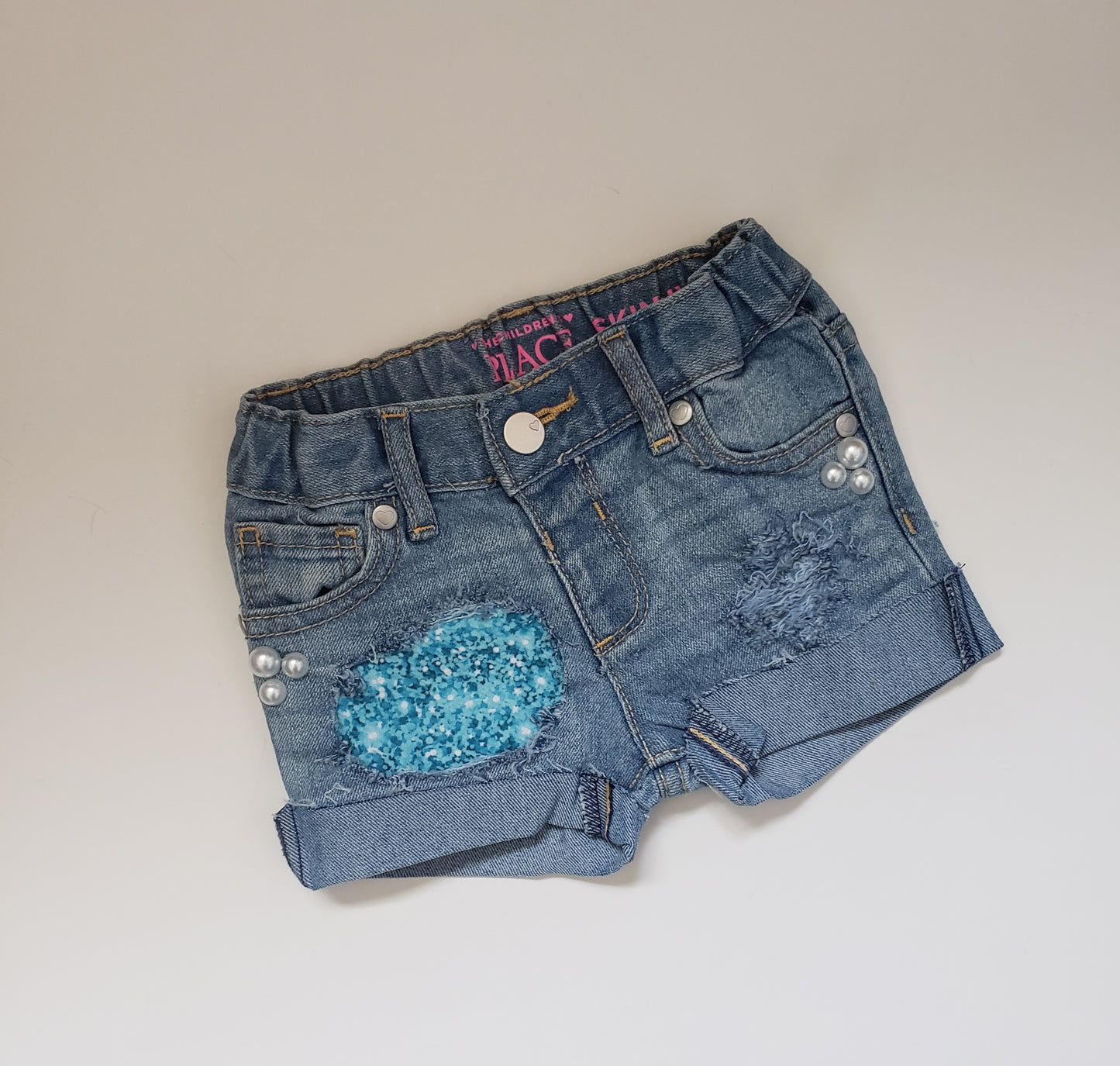 Glitter Blue Girls Distressed Jeans Shorts