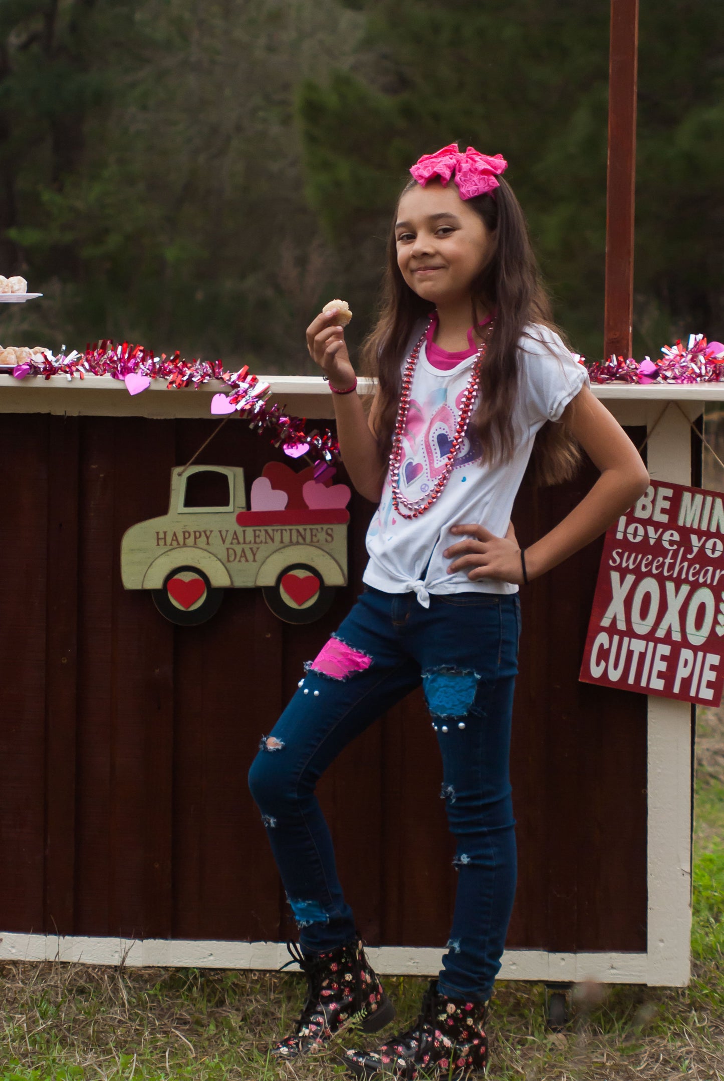 Girls Distressed Jeans Pink and Blue Lace Pearls