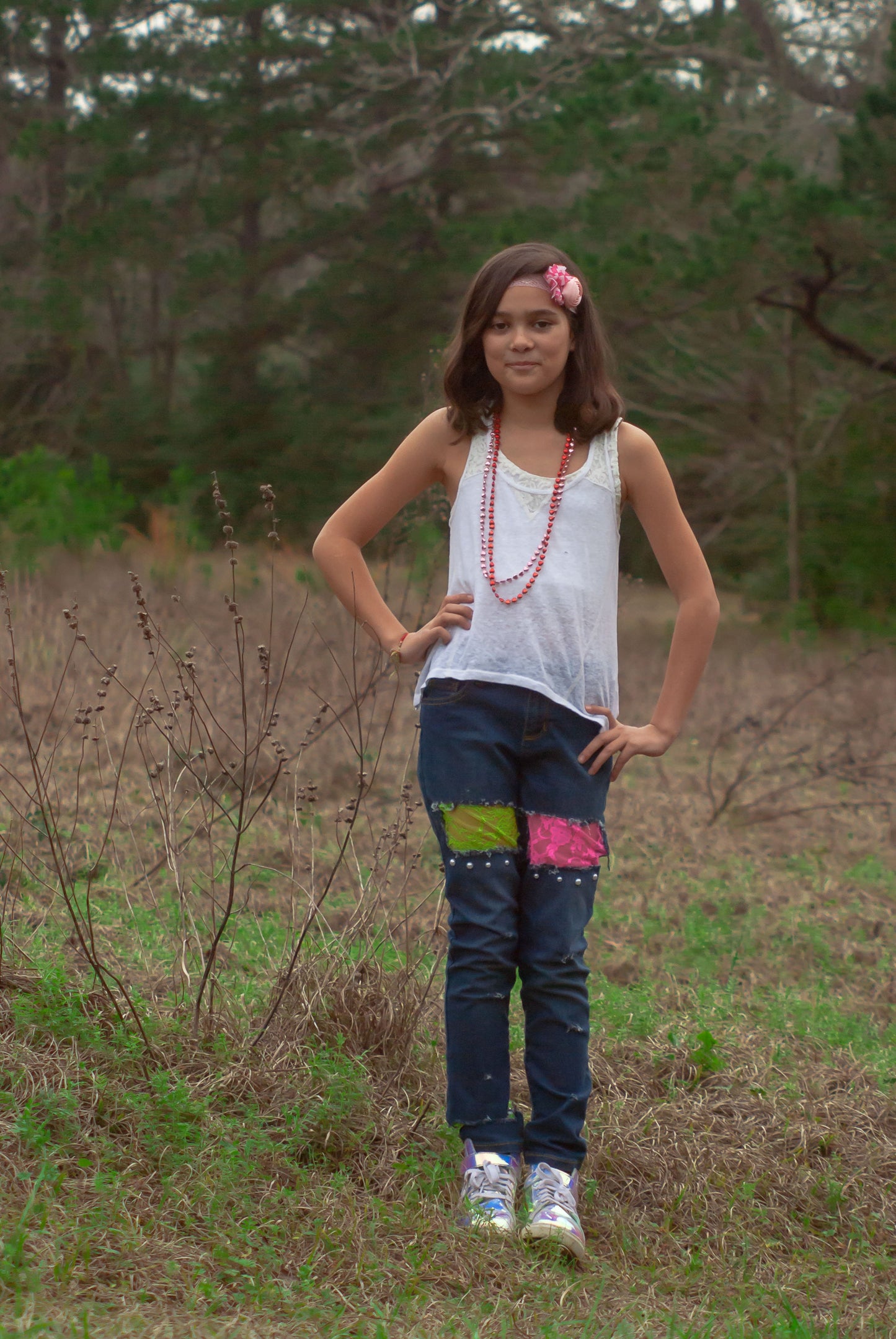 Girls Distressed Jeans Pink and Green Lace Pearls