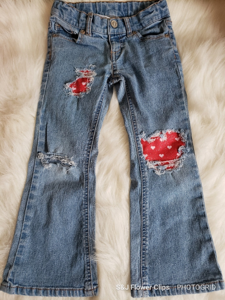 Girls Distressed Jeans Red with Pink Hearts Valentines