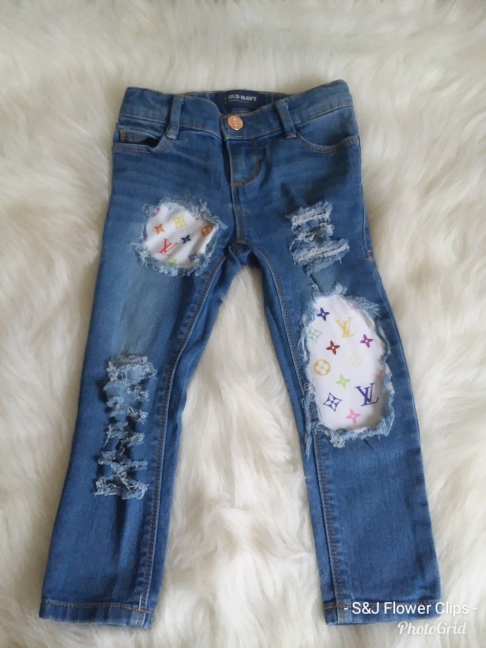 White LV Girls Distressed Jeans Designer