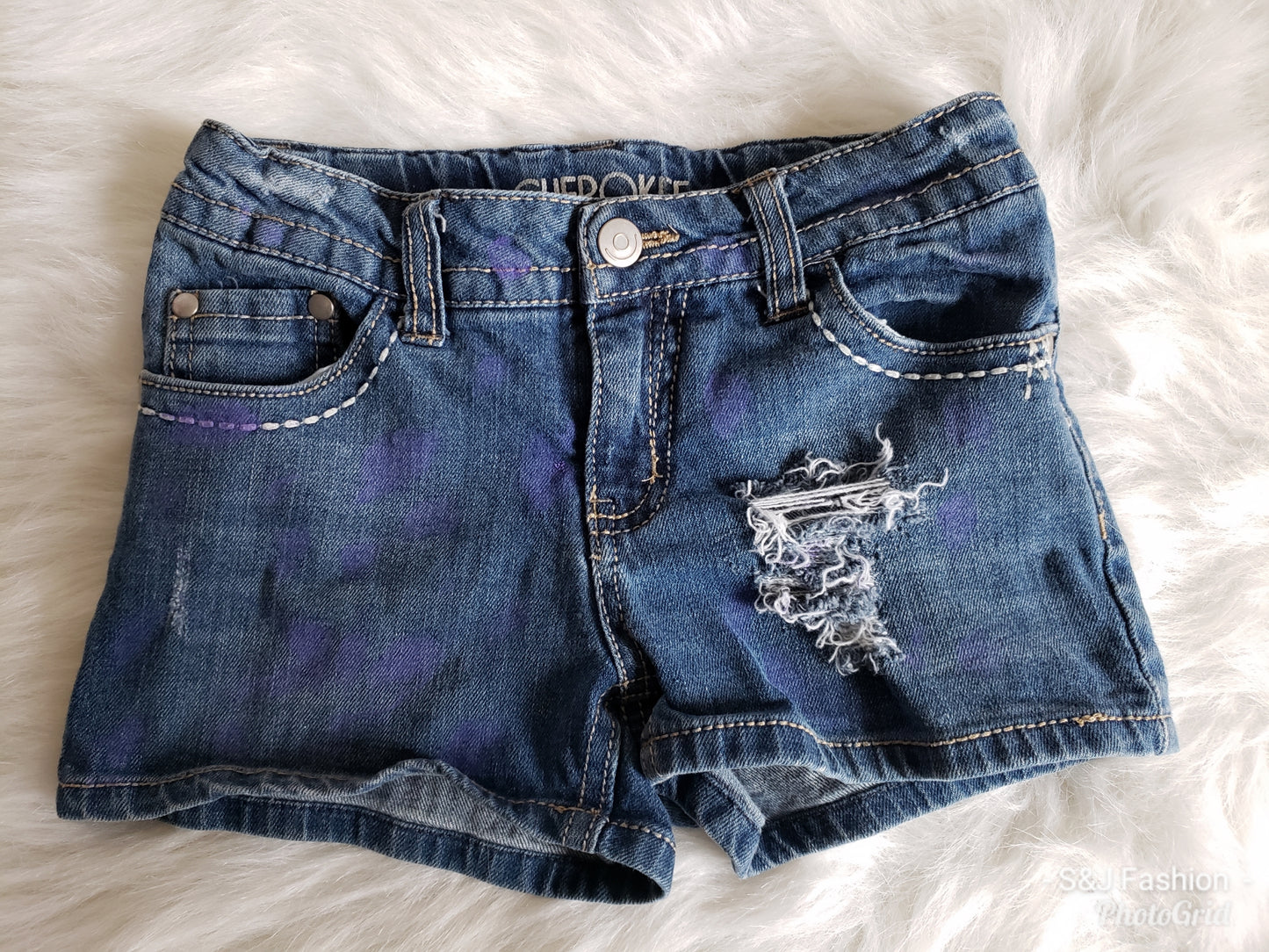 Purple Splatter Girls Distressed Jeans Shorts