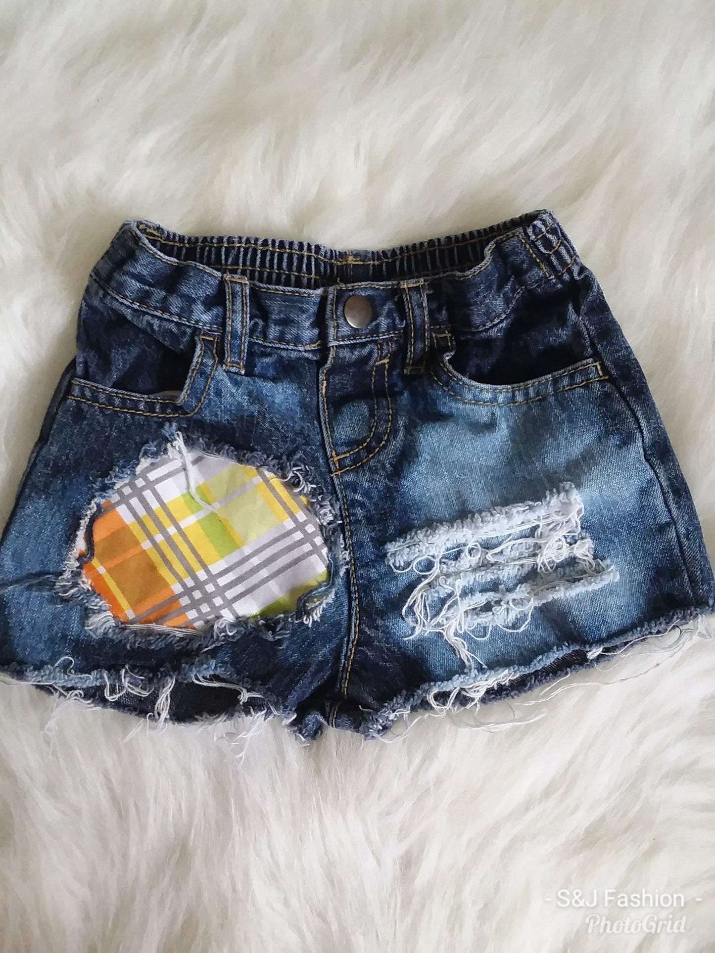 Orange Plaid Girls Distressed Jeans Shorts
