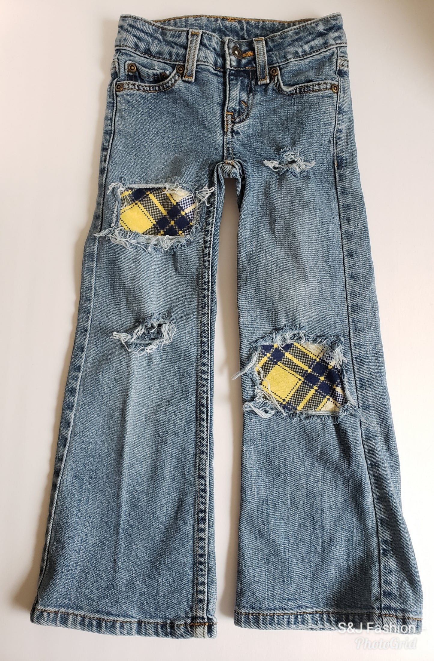 Girls Distressed Jeans Yellow Blue Plaid
