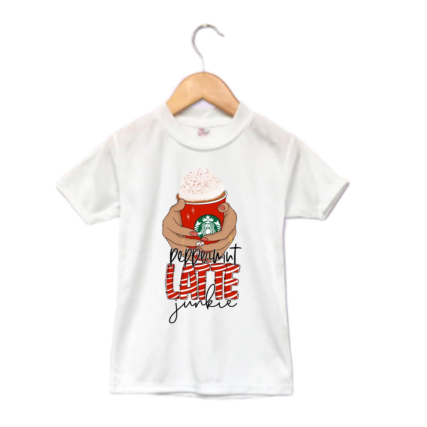Peppermint Latte Junkie Christmas Girls Shirt Ladies Shirt