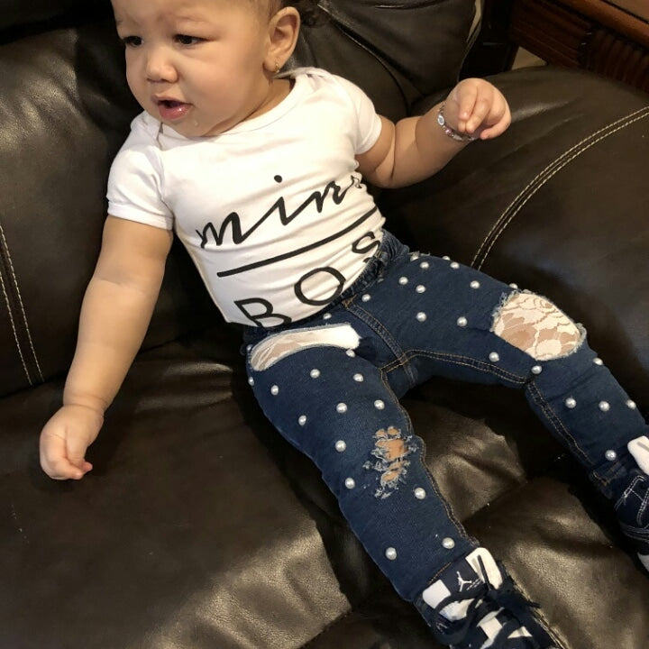 Girls Lace and Pearls Distressed Jeans