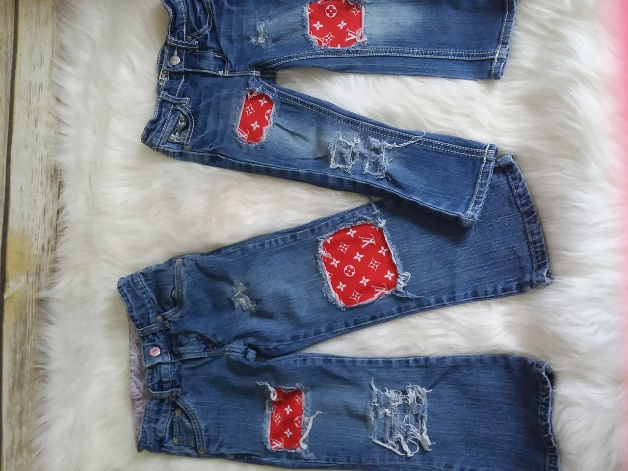 Red LV Girls Distressed Jeans Designer
