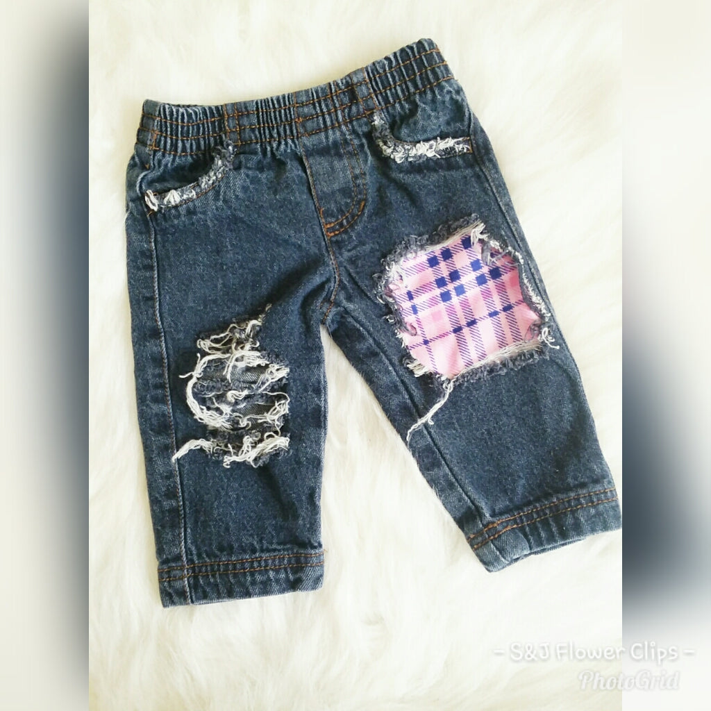 Pink Plaid Girls Distressed Jeans