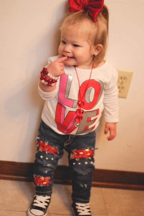 Valentine's Girls Distressed Jeans Red Gold Hearts Lace Pearls