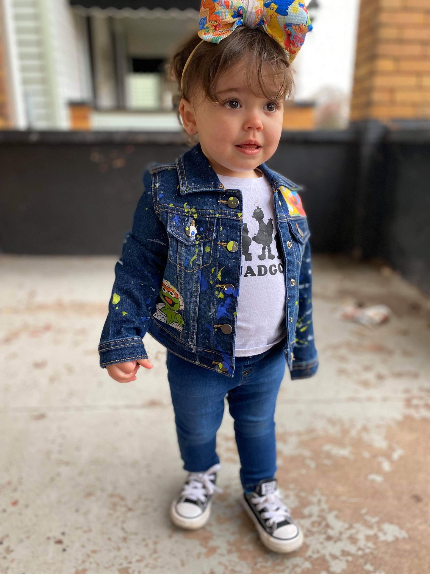 Sesame Street Denim Jacket Girls Boys Paint Splatter