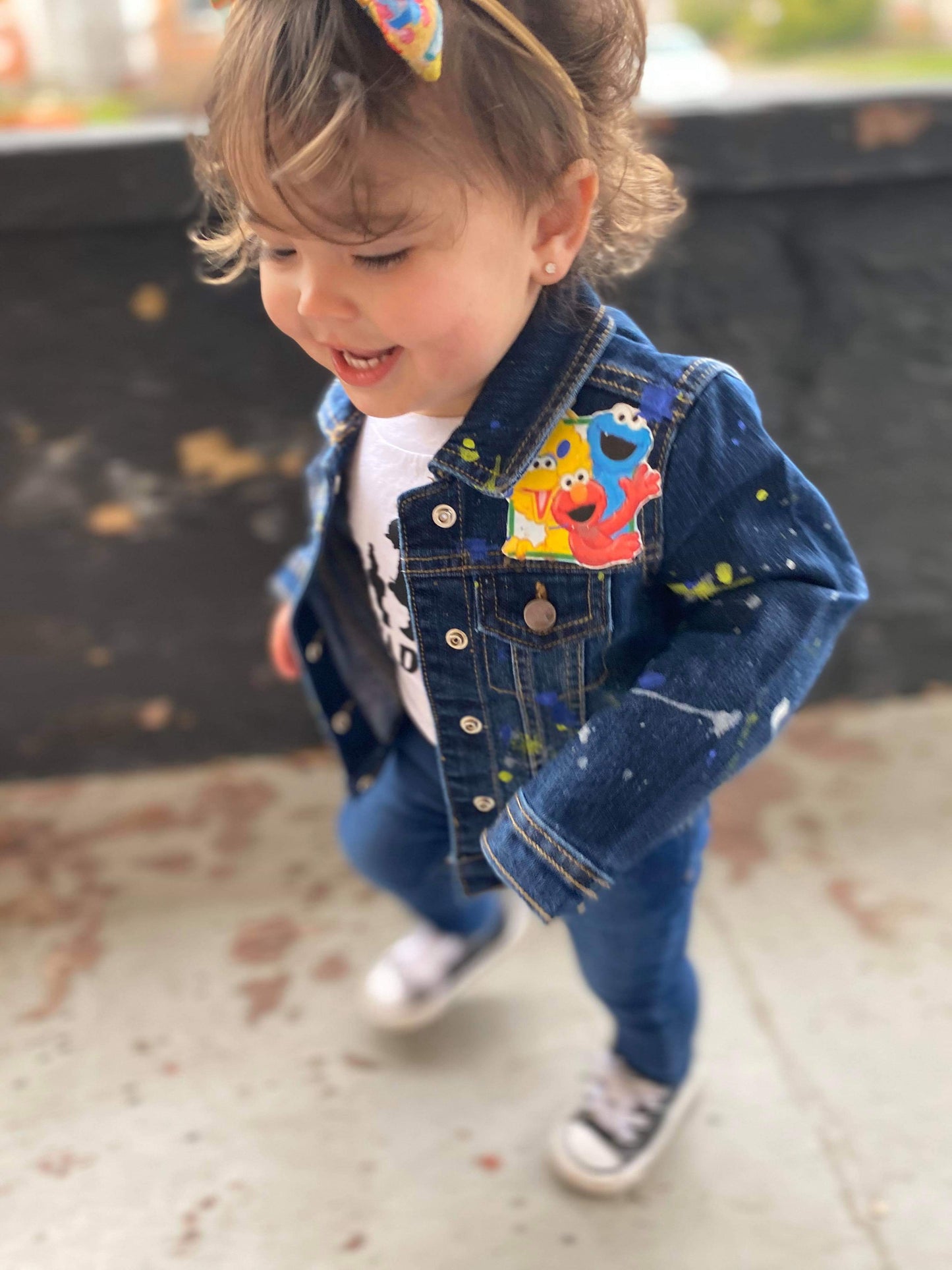 Sesame Street Denim Jacket Girls Boys Paint Splatter