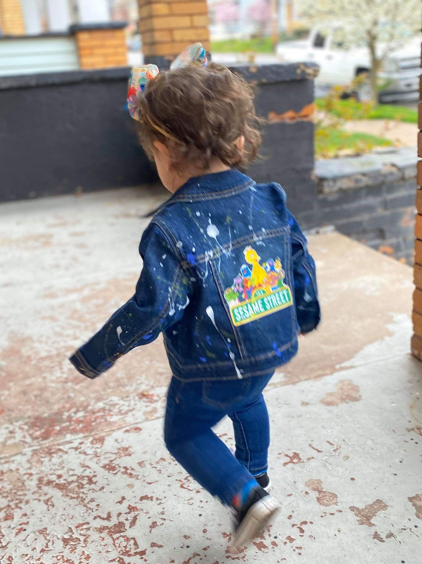 Sesame Street Denim Jacket Girls Boys Paint Splatter