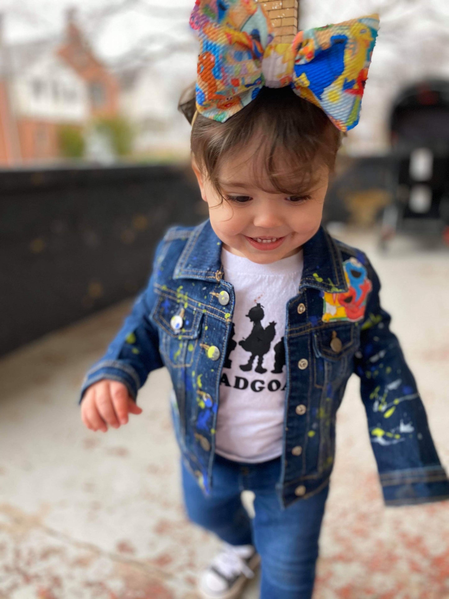 Sesame Street Denim Jacket Girls Boys Paint Splatter