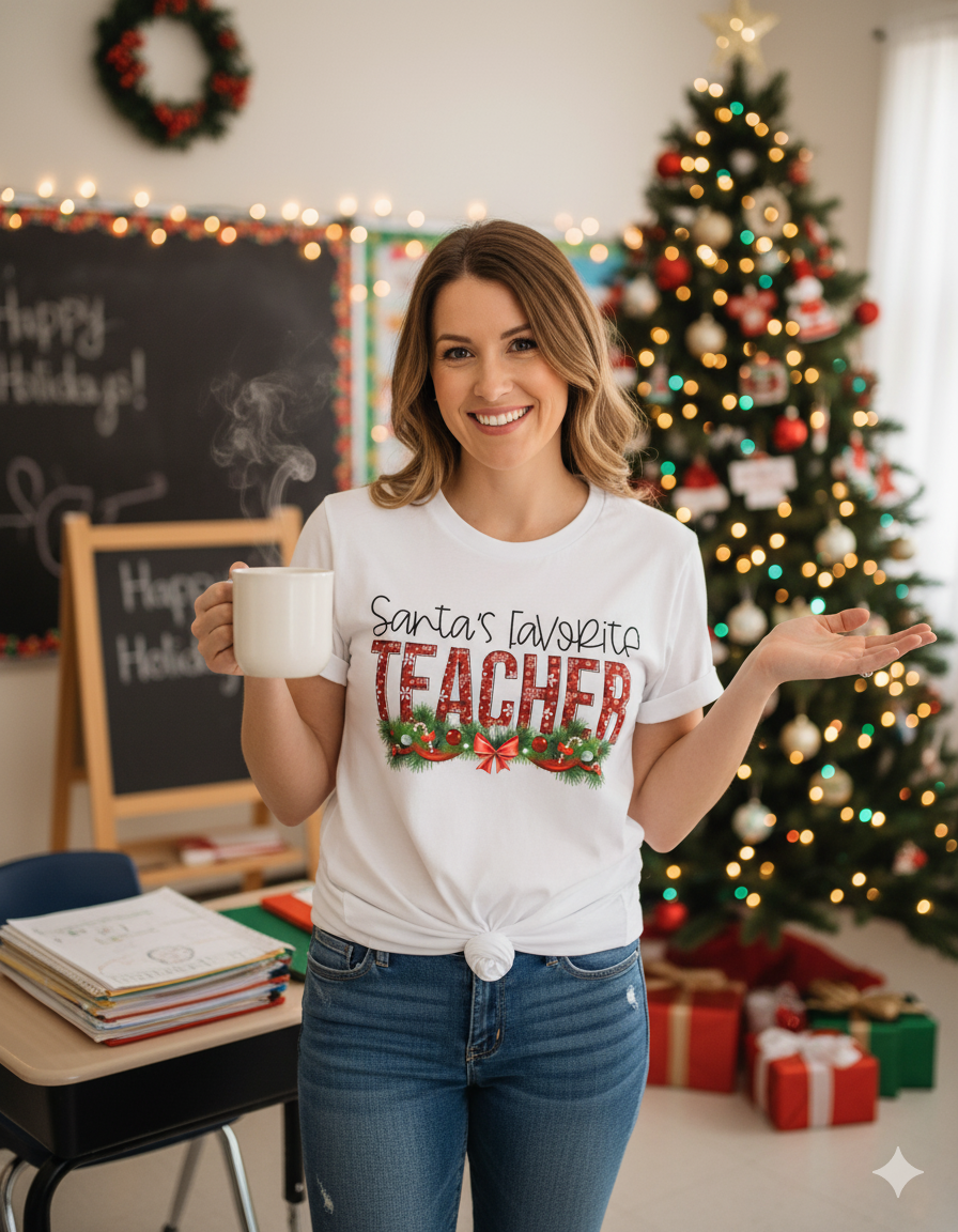 Santa's Favorite Teacher Christmas Ladies Shirt