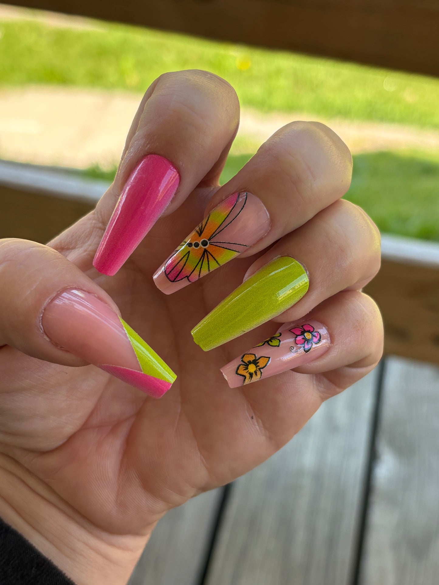 Pink & Green Butterfly Nails
