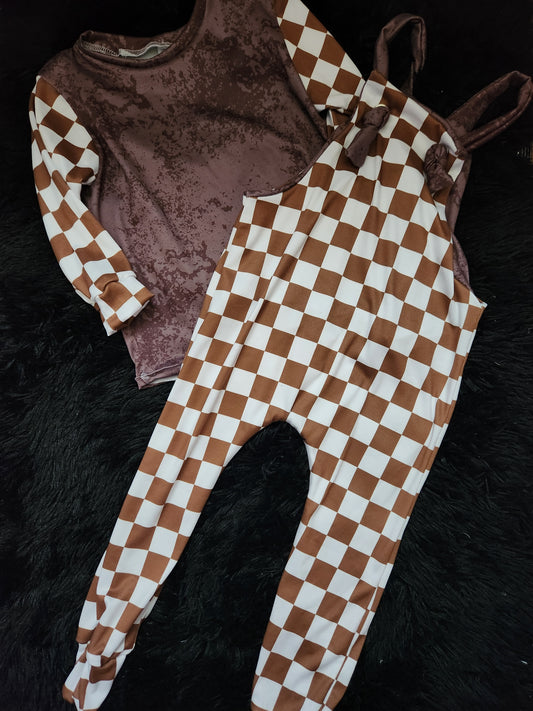 Brown Checker Knotted Overalls & Raglan 2t RTS