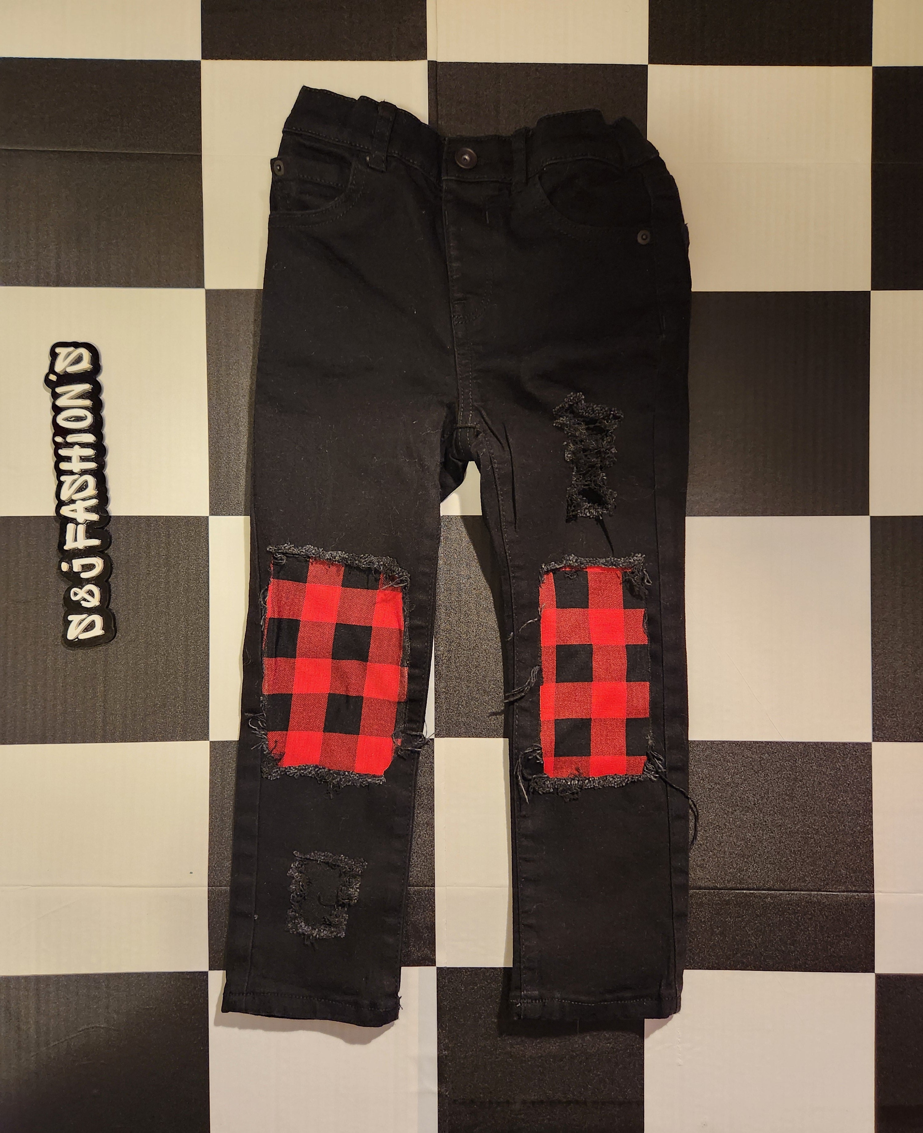 Red Buffalo Plaid Unisex Distressed Jeans Christmas Girls Distressed Jeans Boys Distressed Jeans