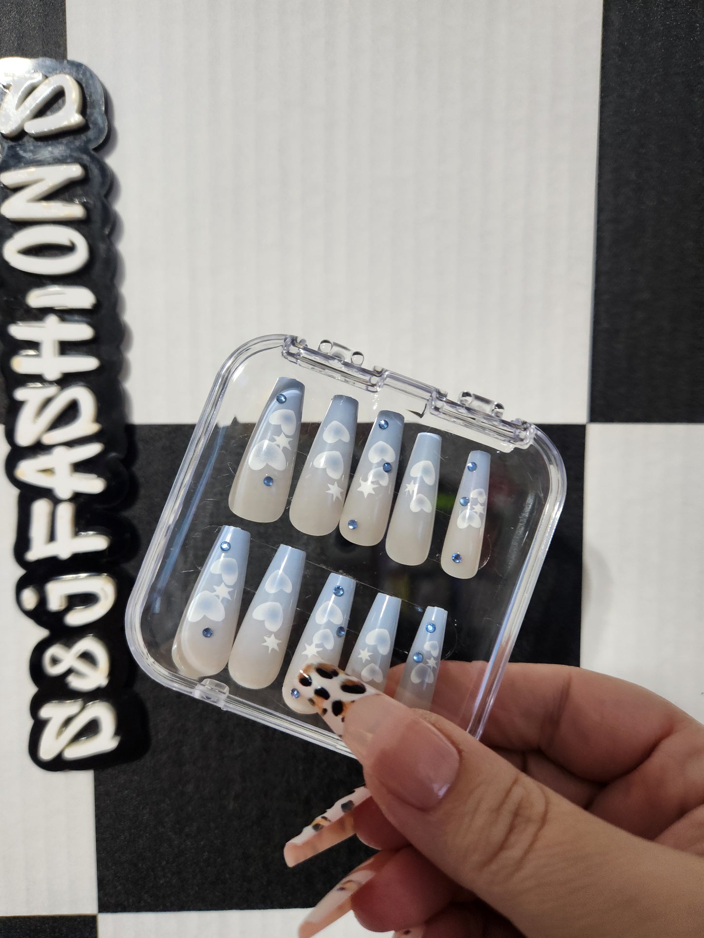 Blue Heart Long Nails