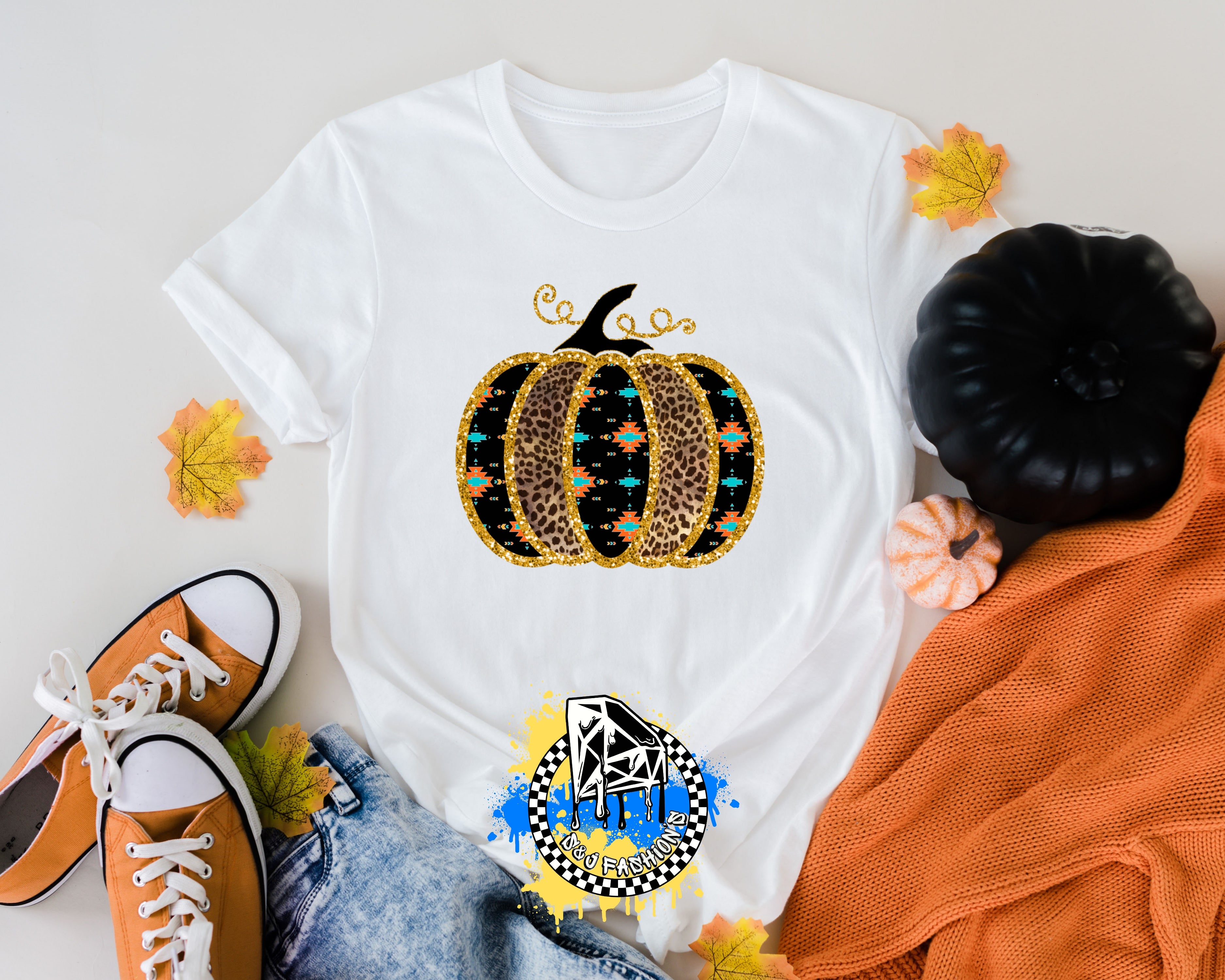 Leopard Aztec Pumpkin Fall Girls shirt Ladies Shirt