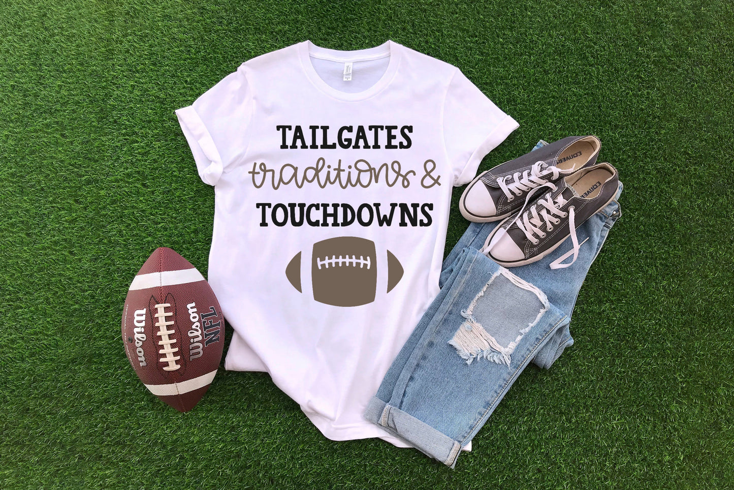 Tailgates Traditions & Touchdowns Football Girls Shirt Boys Shirt Ladies Shirt Mens Shirt