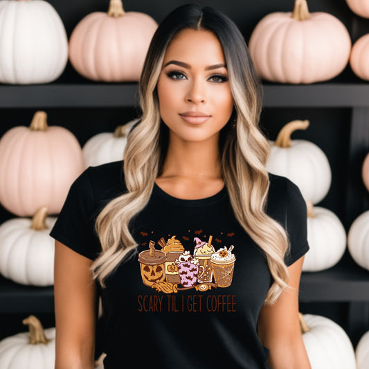 Scary Until I Get Coffee Fall Halloween Ladies Shirt