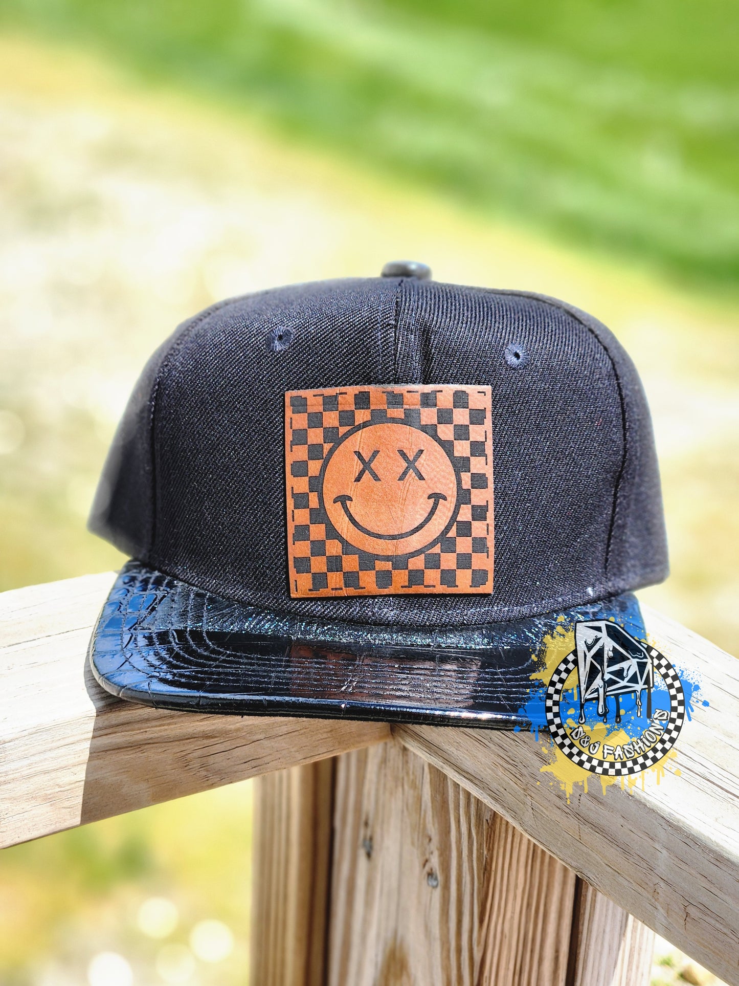 Checker Smiley Face Black Snapback Hat