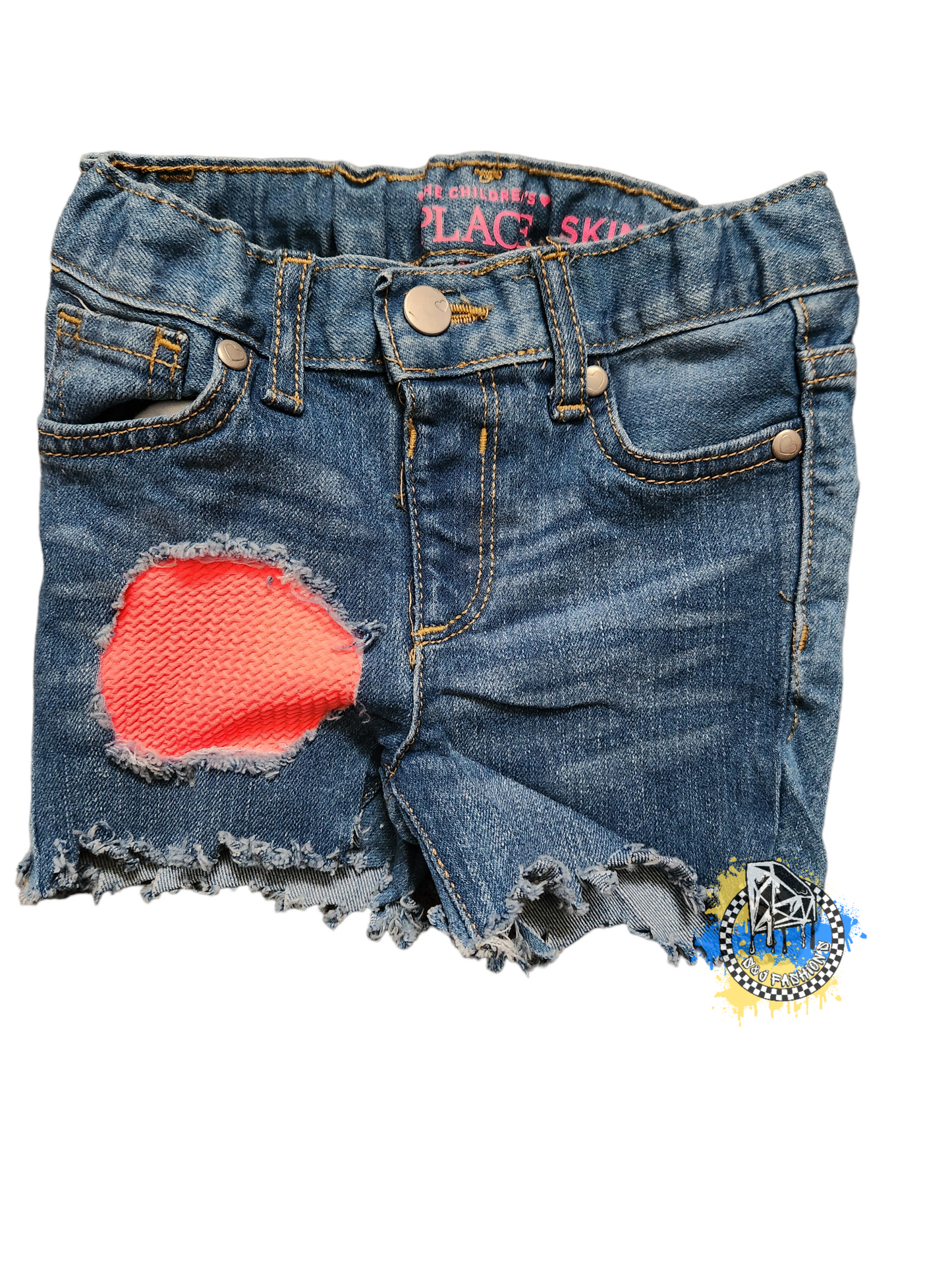 Neon Orange Patch Girls Distressed Jeans Shorts