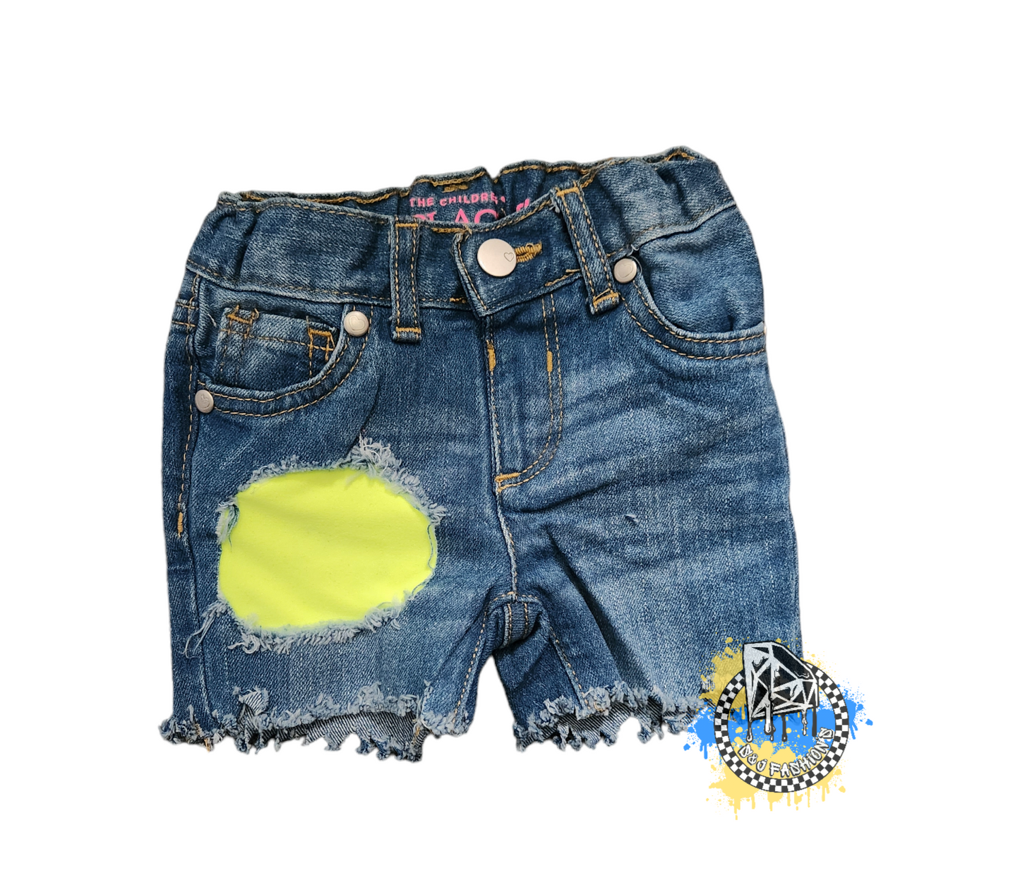 Neon Yellow Patch Girls Distressed Jeans Shorts