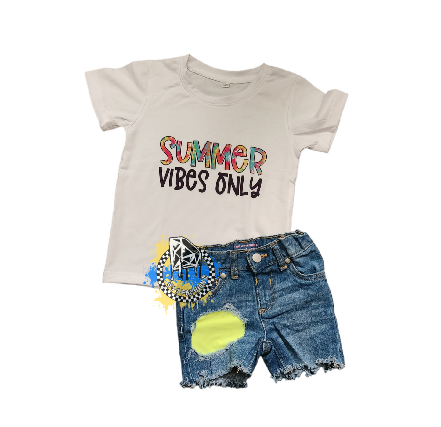 Neon Yellow Patch Girls Distressed Jeans Shorts