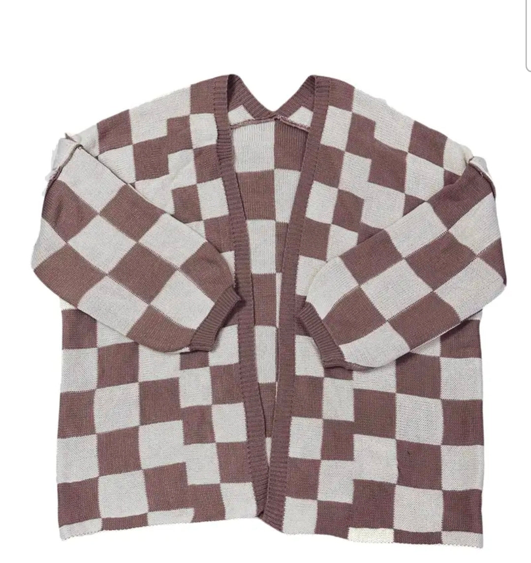 Brown & White Checker Cardigan Plus Size
