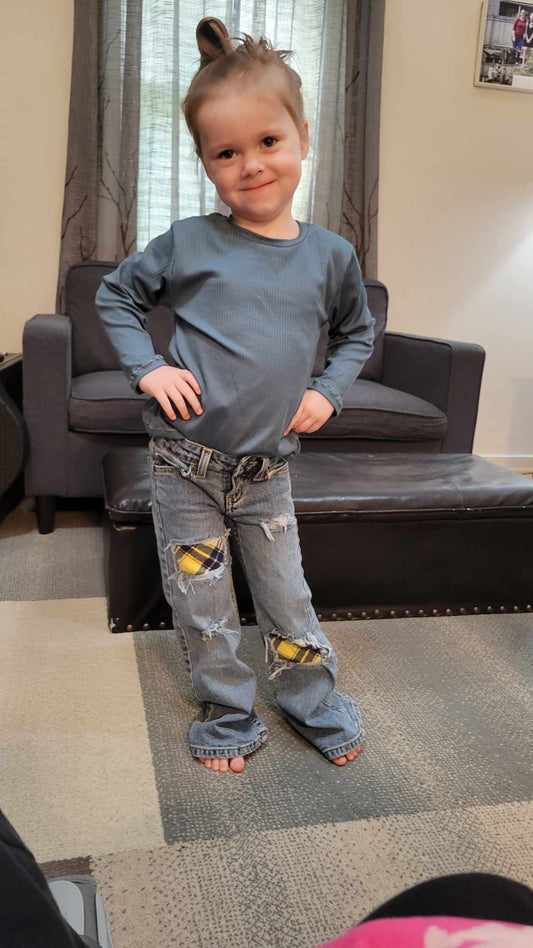 Girls Distressed Jeans Yellow Blue Plaid