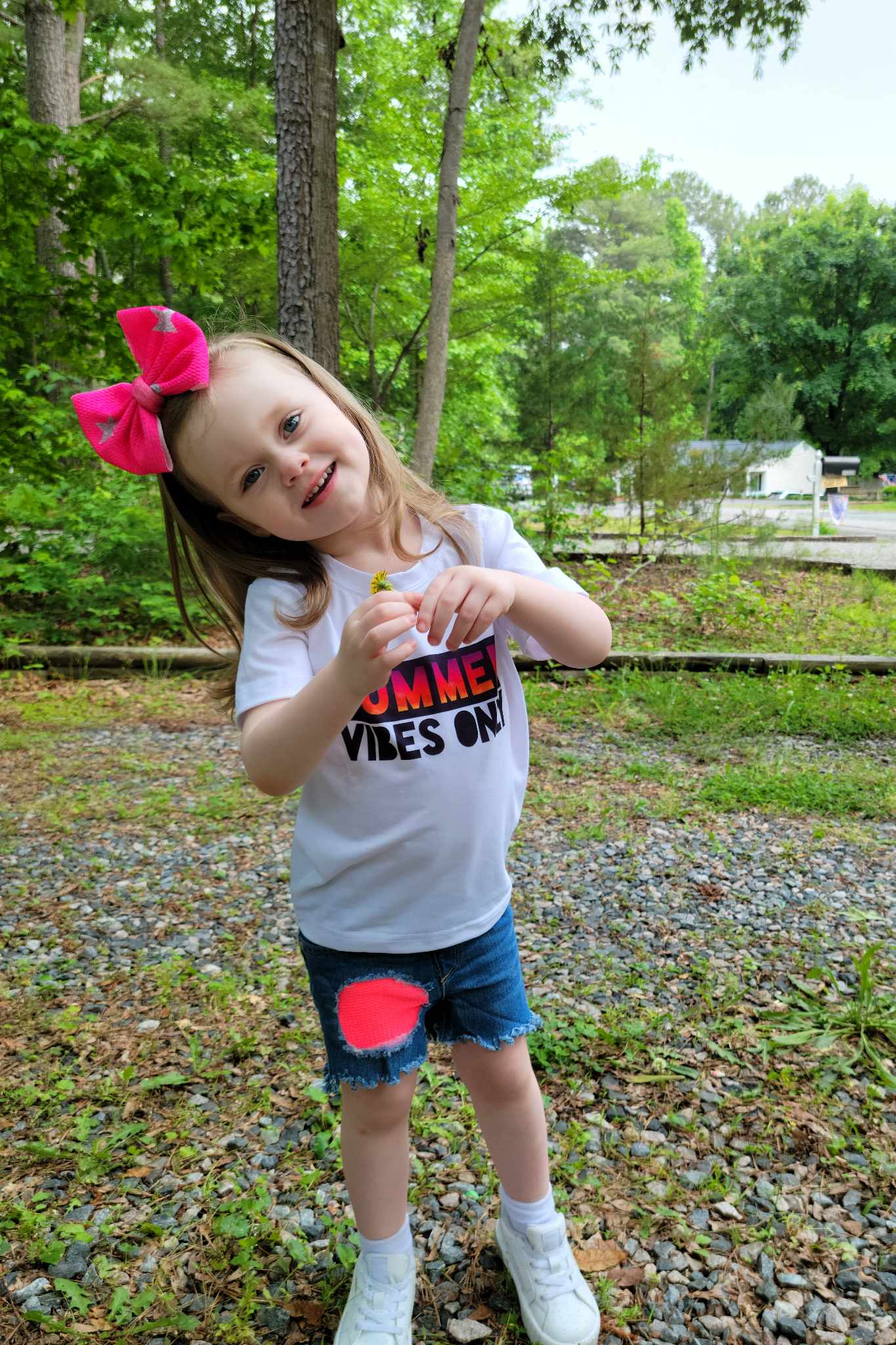 Neon Orange Patch Girls Distressed Jeans Shorts