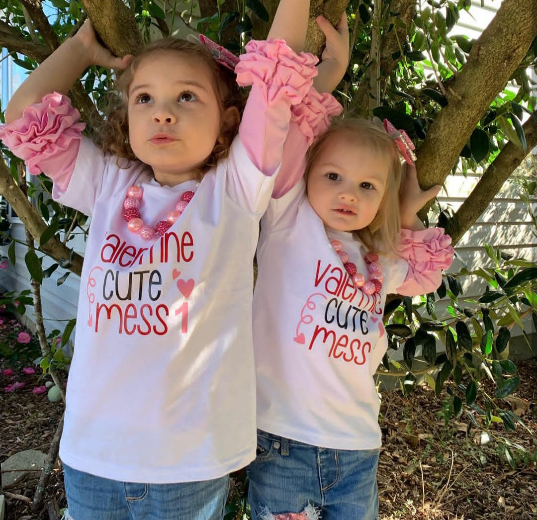 Valentine Cute Mess 1 & 2 Twins Girls Shirt