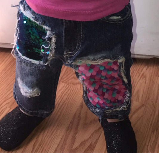 Mermaid Scale Girls Distressed Jeans