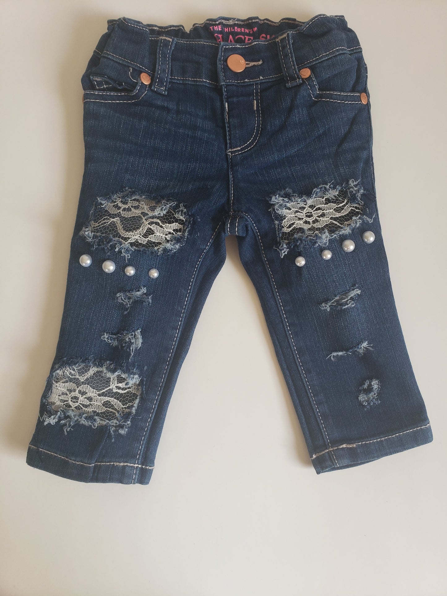 Girls Distressed Jeans Cream Lace Pearls