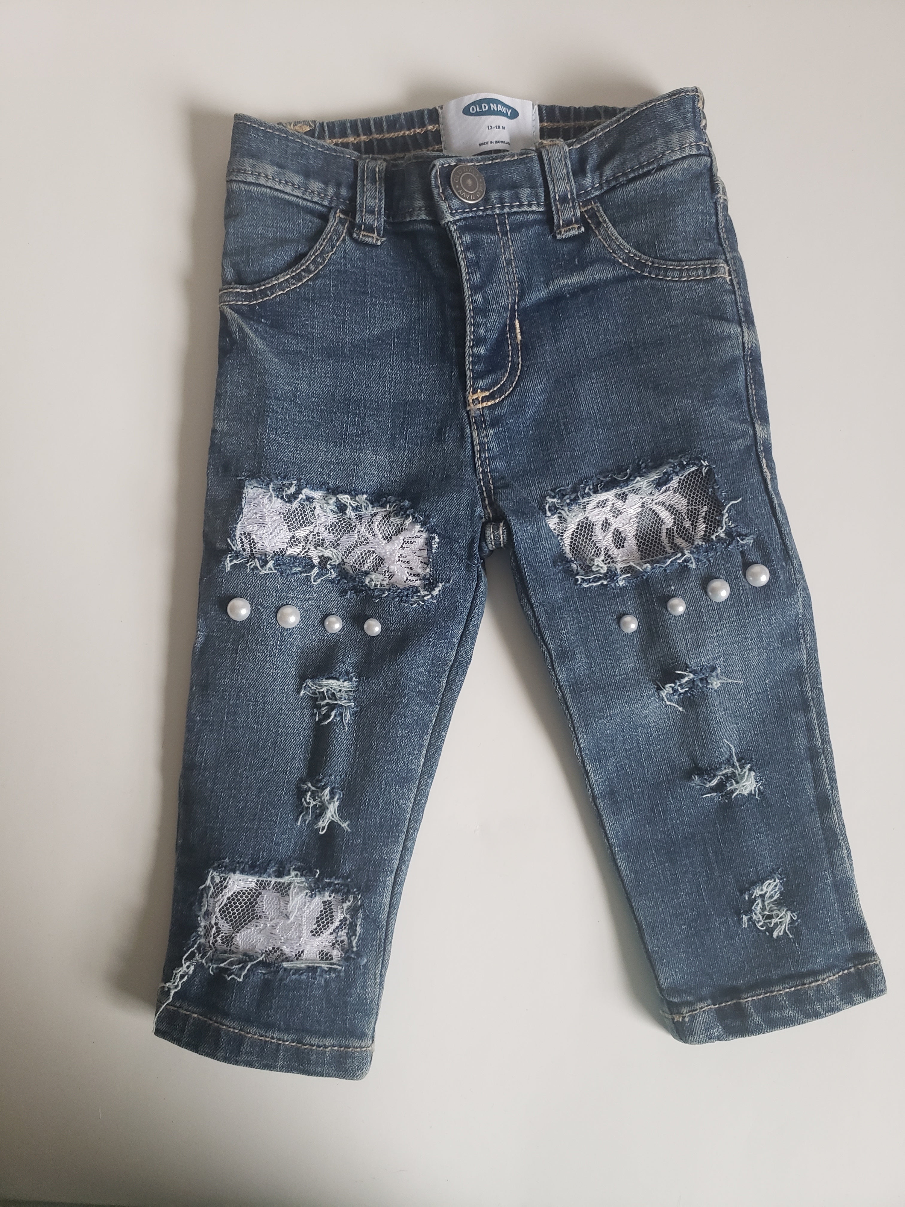 Valentine's Girls Distressed Jeans White Lace Pearls