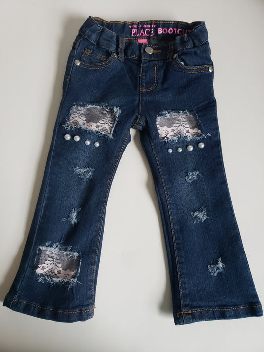 Girls Distressed Jeans Light Pink Lace Pearls