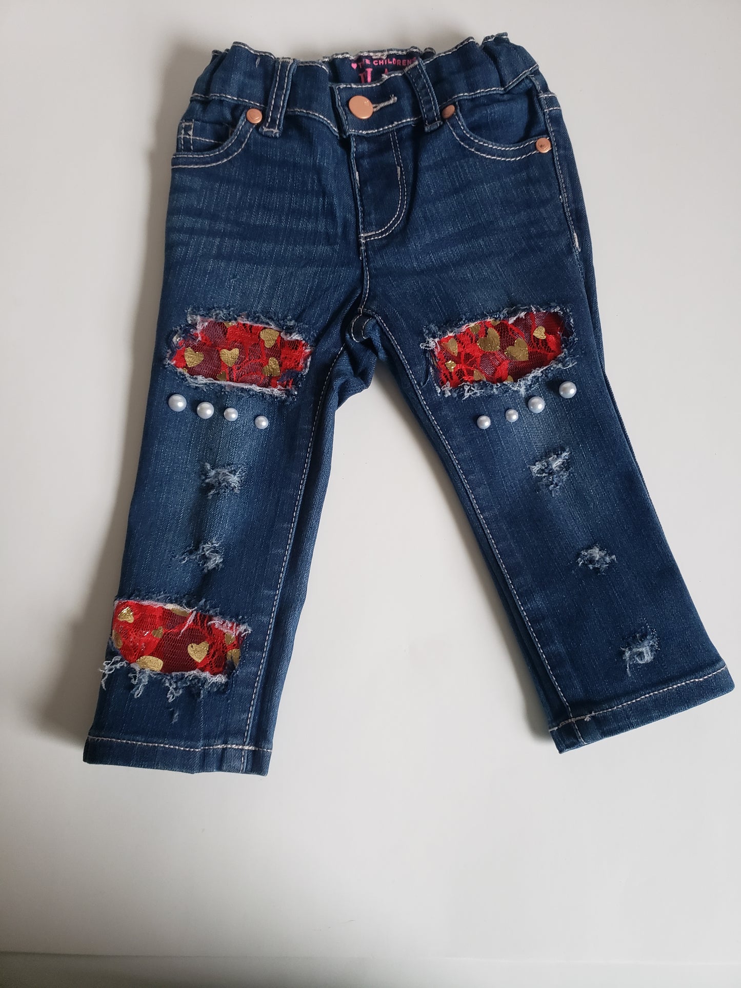 Valentine's Girls Distressed Jeans Red Gold Hearts Lace Pearls