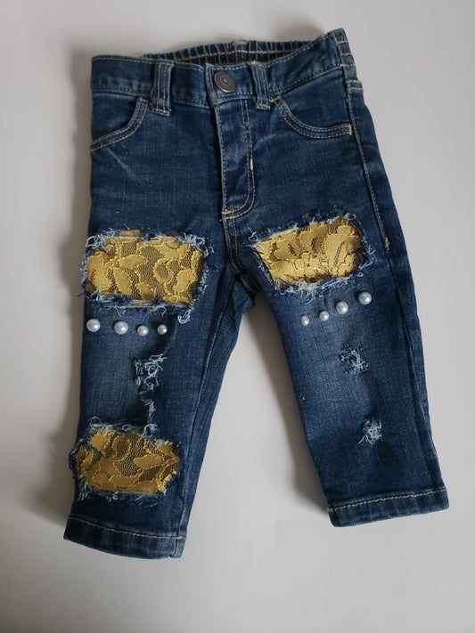 Girls Distressed Jeans Gold Lace Pearls
