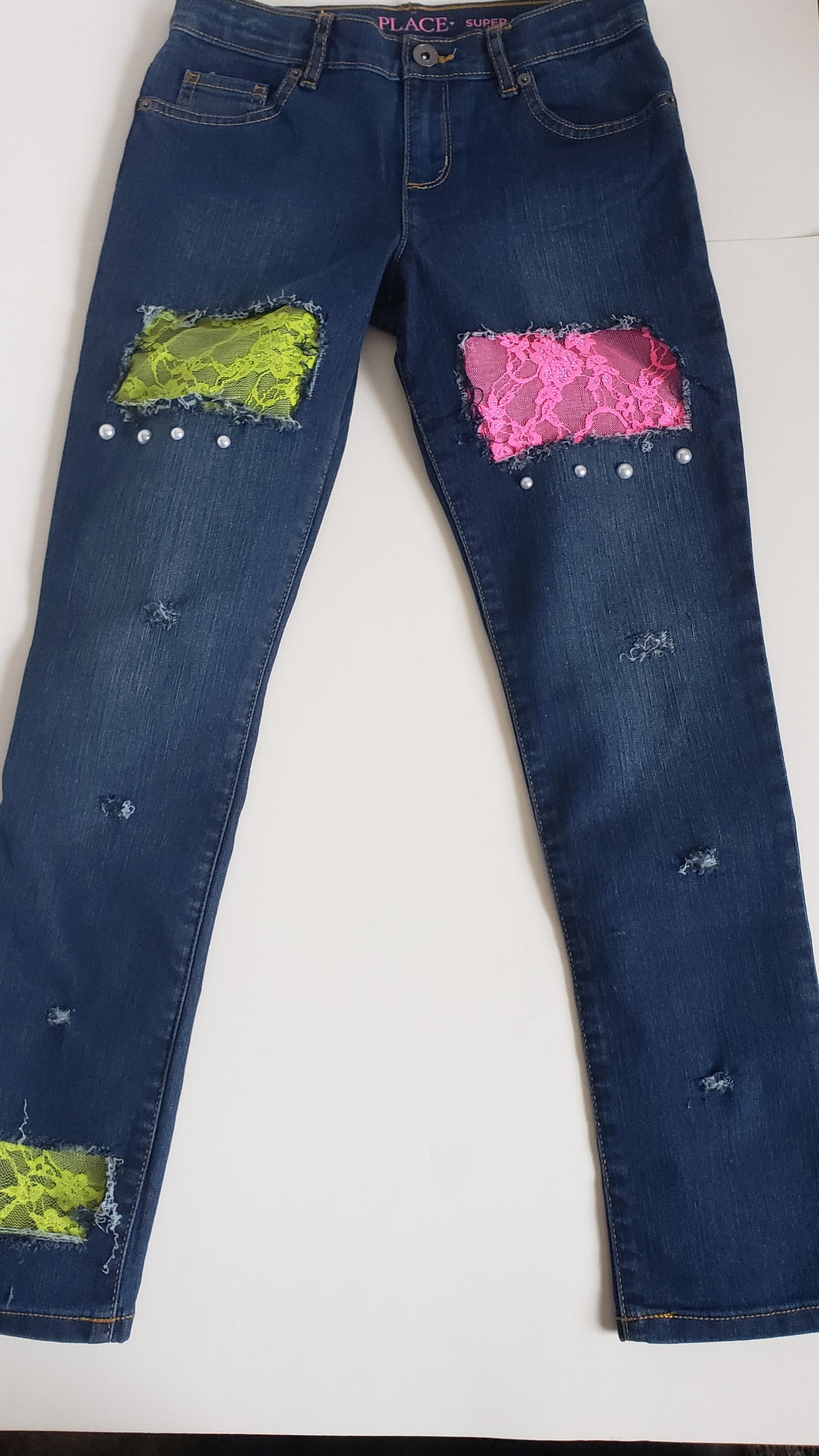 Girls Distressed Jeans Pink and Green Lace Pearls