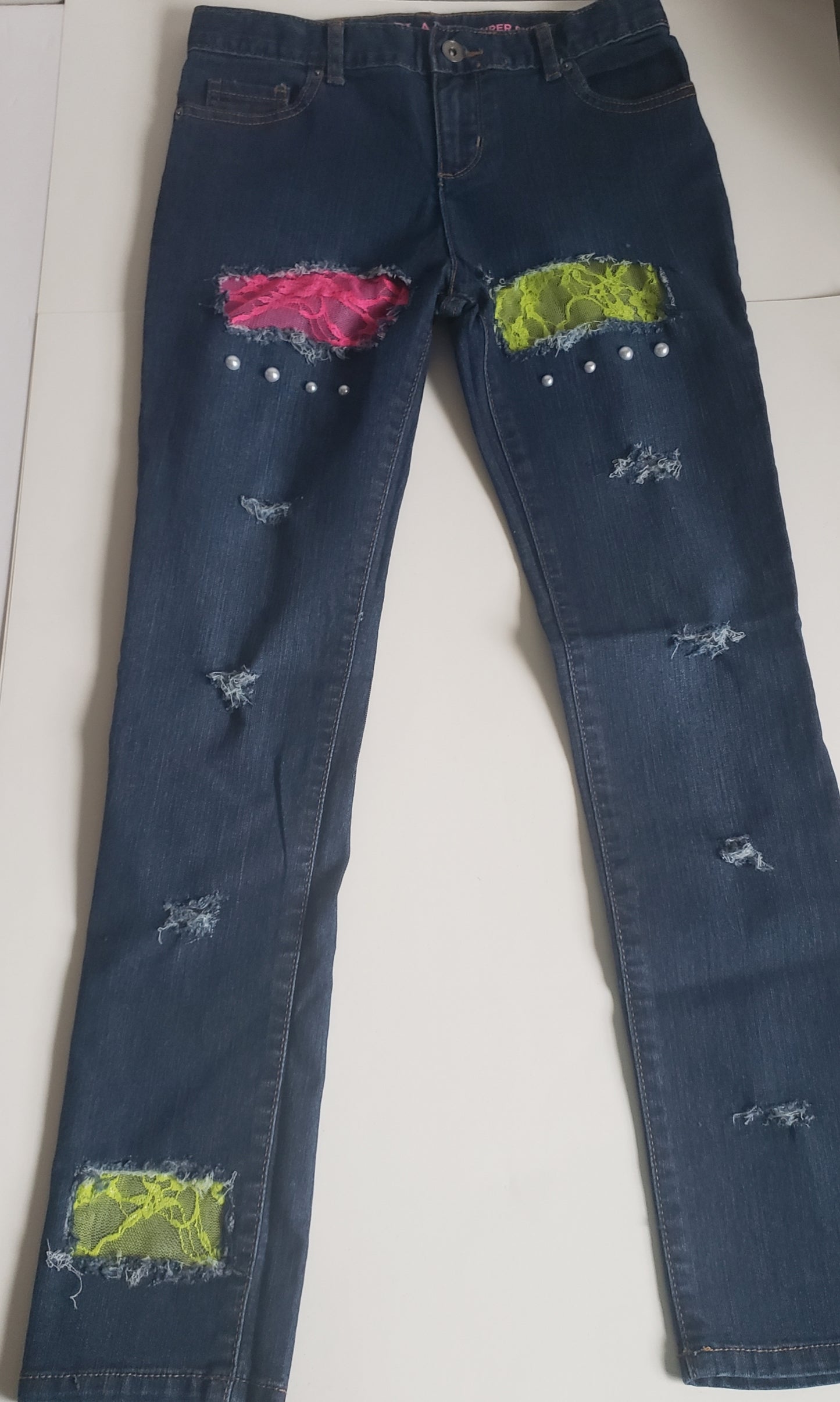 Girls Distressed Jeans Pink and Green Lace Pearls